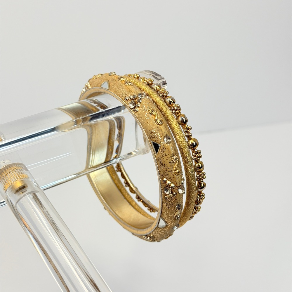 Luxe Gold Boho Bangles Rhinestone Glitter Textured Stackable Bracelets 3pc Set - Picture 5 of 9